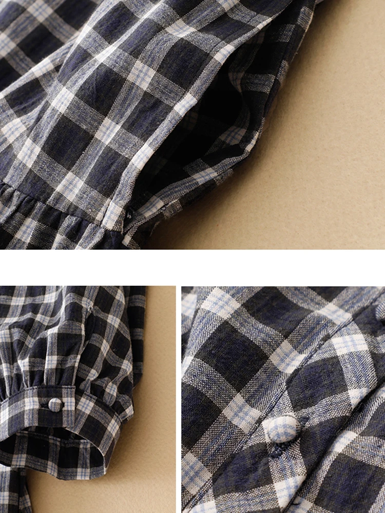 2025 Spring Autumn New Cotton Vintage Plaid Shirt Dresses For Women Long Sleeve Casual Loose Office Work Dress Elegant Clothing
