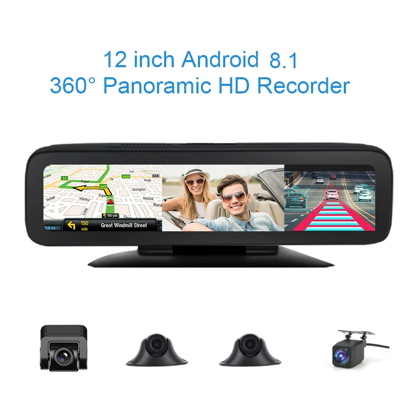 Telecamera Per Auto Da 12 Pollici 360 ° Panoramica Wifi Dash Cam 4 Telecamere Videoregistratore Specchietto Retrovisore Android 4G Adas Navigazione Gp