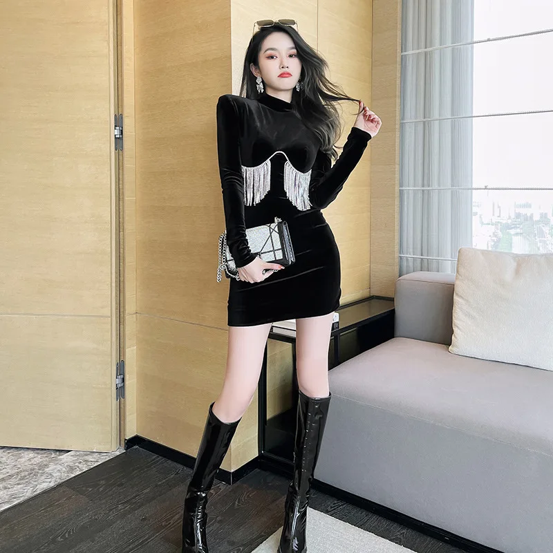 

Women's Half High Collar Dress, Full Sleeve, Diamonds Tassel Chains, Black Slim, Elegant Party Dress, Autumn, New Fashion, 2023
