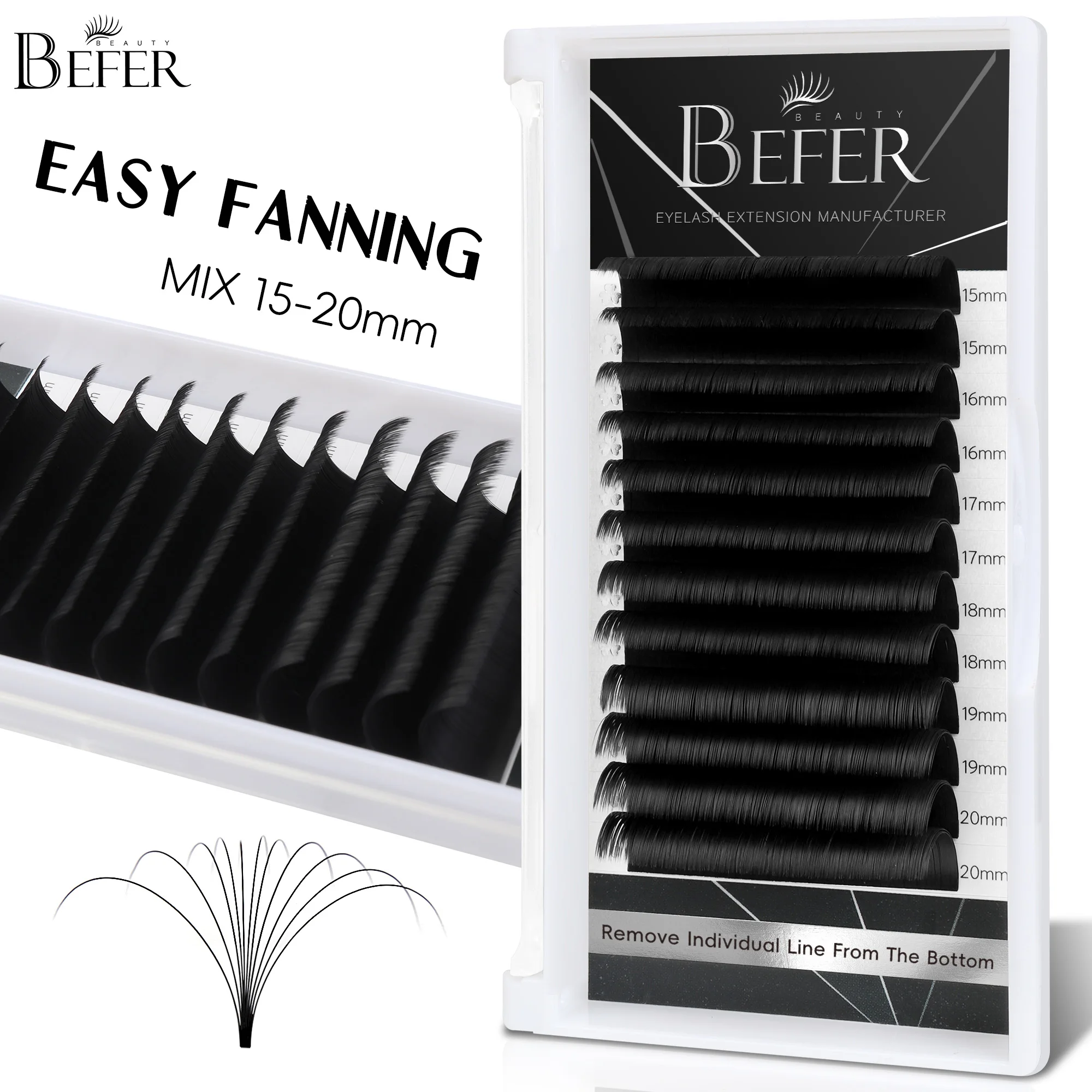 Befer Beauty Easy Fan Volume Wimpernverlängerung 15–20 mm PBT Mattschwarz Weiche Easy Fanning Bloom Wimpern Austomatic Flowering