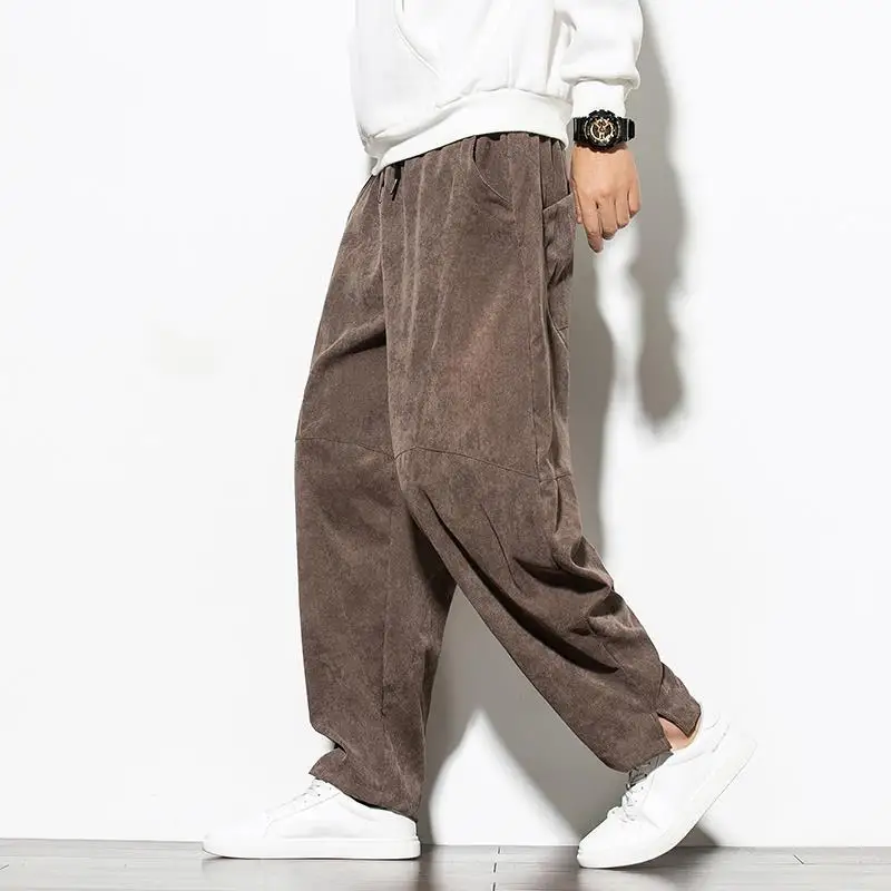 Wide Leg Pants Spring Autumn Solid Color Vintage Corduroy Wide Leg Trousers Man Elastic Waist Pockets Casual All-match Pants Male Clothing