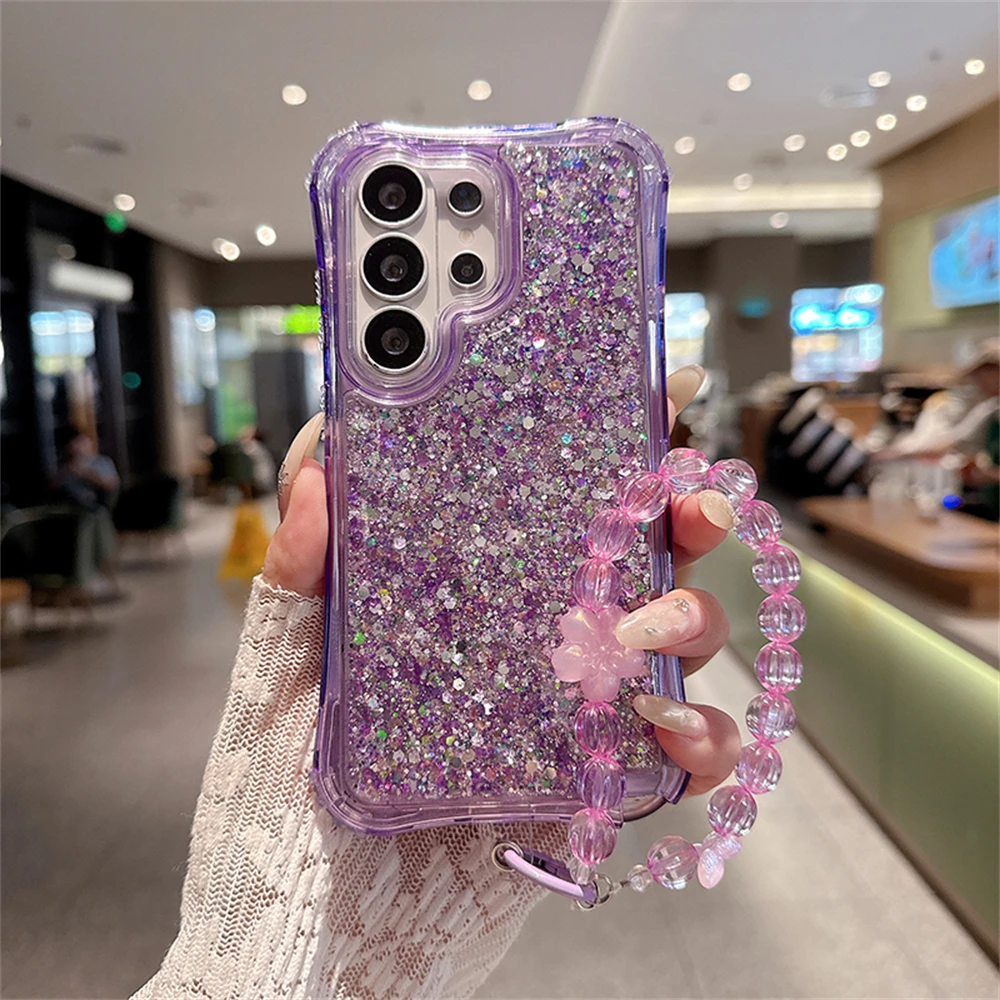 Luxury 3-in-1 Bling Glitter Shockproof Phone Case with Lens Protection and Lanyard