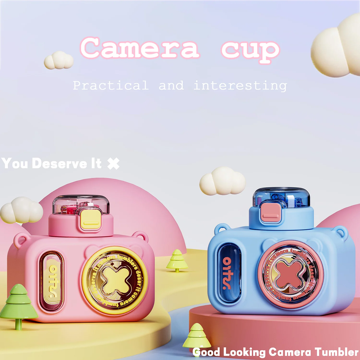 Kids Water Cup Cartoon Camera 580ML Cute Portable Leakproof Sippy Cup with Safety Latch for Kids Gift