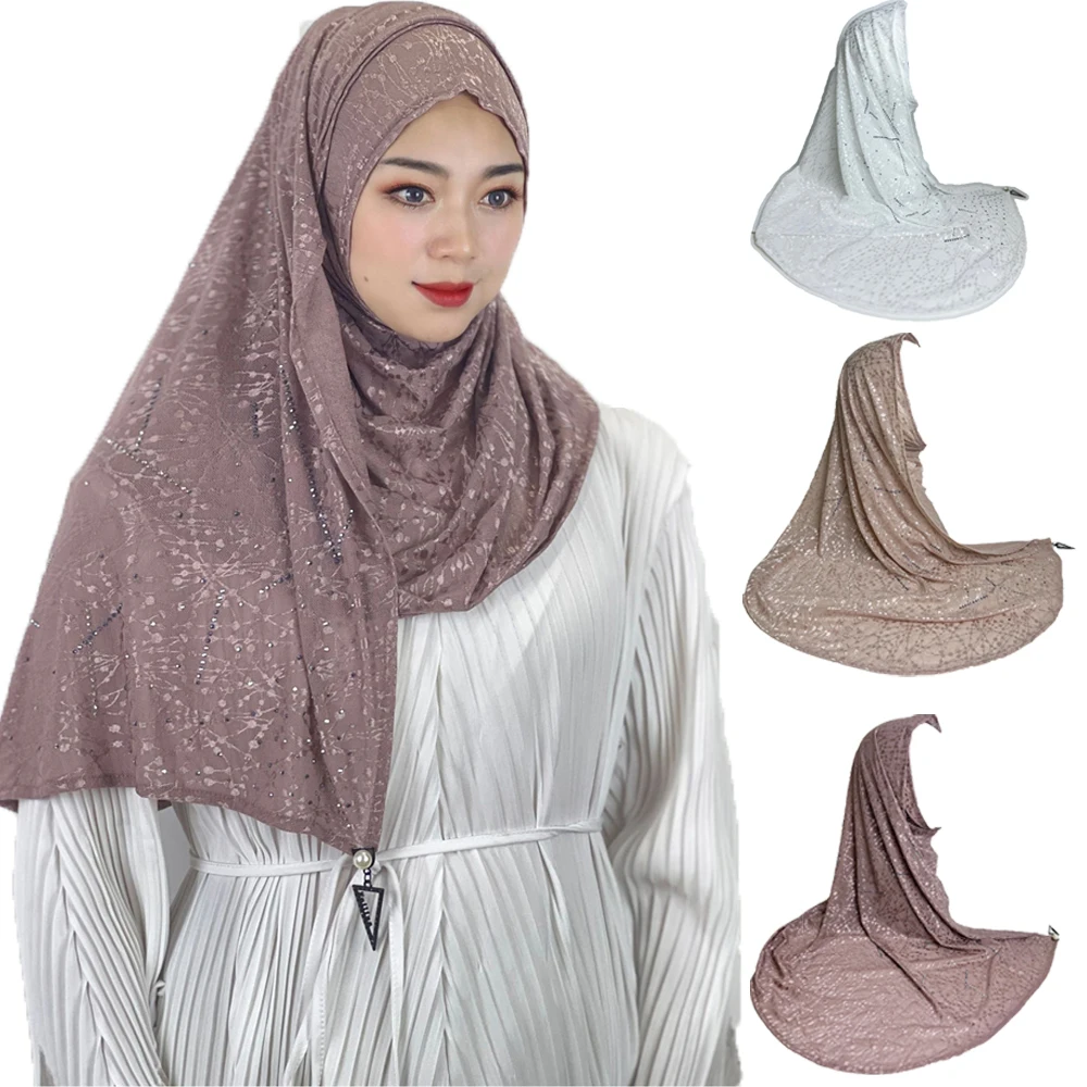 

Muslim Instant Hijab With Loop Shiny Women Hot Diamond Turban Ladies Pullover Headscarf Pendant Tassel Accessories Malay Shawls