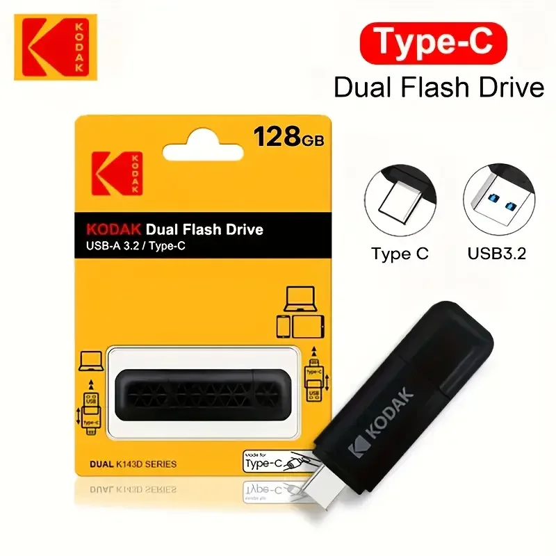 KODAK K143D USB 3.2 Type-C 플래시 드라이브 128GB 256GB 64GB 32GB OTG 고속 듀얼 펜드라이브 (휴대폰/노트북용)