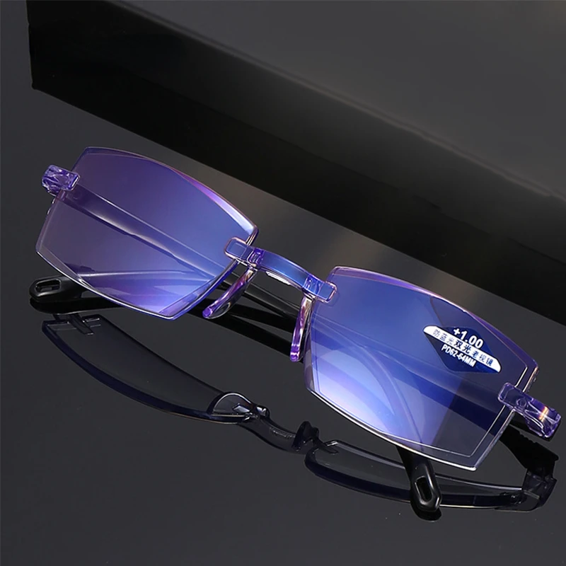 New Diamond Cut Bifocal Progressive Reading Glasses Men Blue Light Blocking Multifocal Eyeglasses Ultralight Rimless Eyeglasses