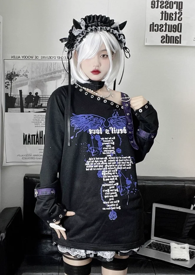 Y2k Aesthetic Punk Off Shoulder T-shirt Loose Gothic
