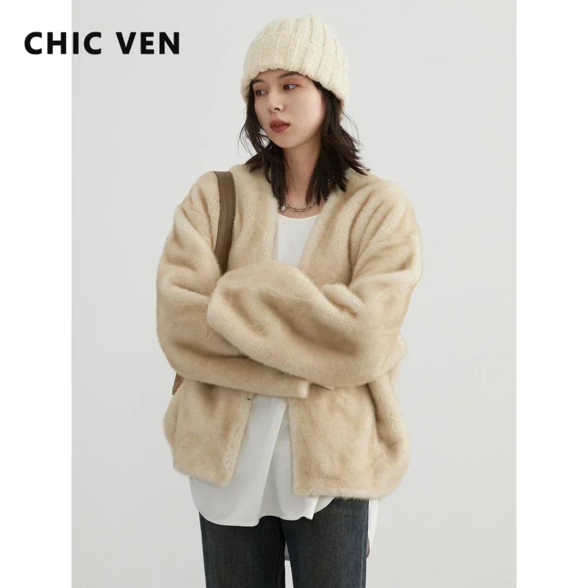 CHIC VEN Women's Jacket Loose Casual Solid Overcoat New Female Plush Coat V-neck Woman Outerwear Autumn Winter 2023 2