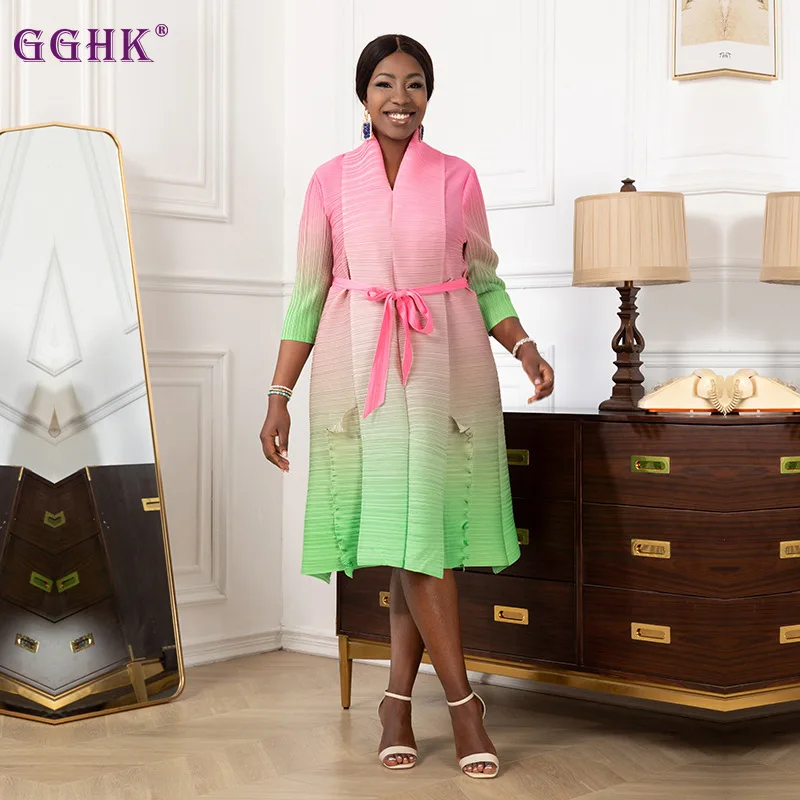 

GGHK Miyake Pleated Gradient Color Foreign Dress 2023 Summer New Loose Big Size Fat Mm Pleated Skirt