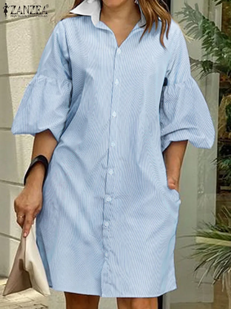 

ZANZEA Elegant Lapel Dress Woman Fashion Stripe Printed Shirtdress Autumn Lantern Sleeve Robe Casual Street Dresses Oversized