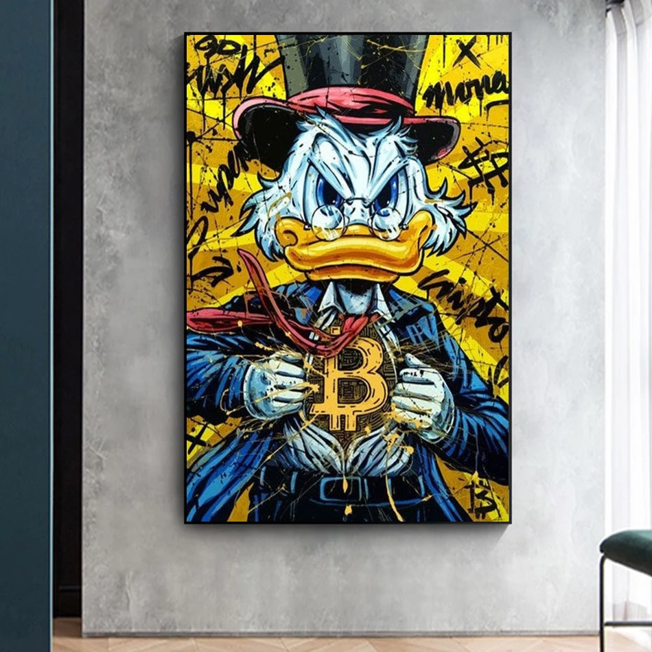 ドニードナルドダックのキャンバス絵画,たくさんのコインのお金