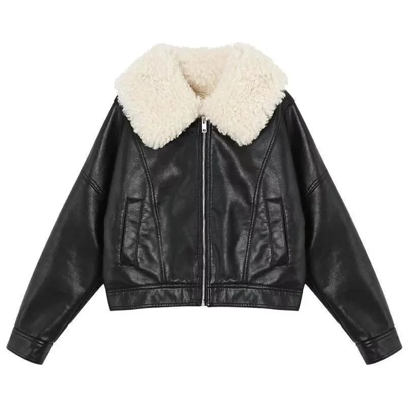 Women's Short 2023 Autumn/Winter Lamb Wool Collar Vintage Hong Kong Style Plush Leather Coat Motorcycle Thickened Jacket Women