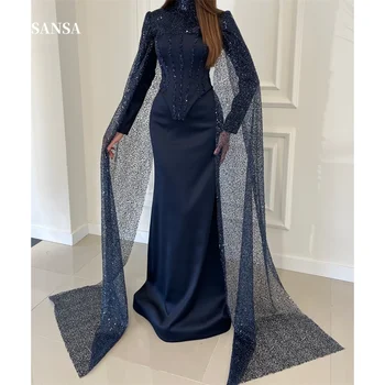 Sansa Navy Blue Sequin High Neck Prom Dresses Mermaid Customized فساتين سهرات Sweep Train Detachable Shawl Evening Dress 2025