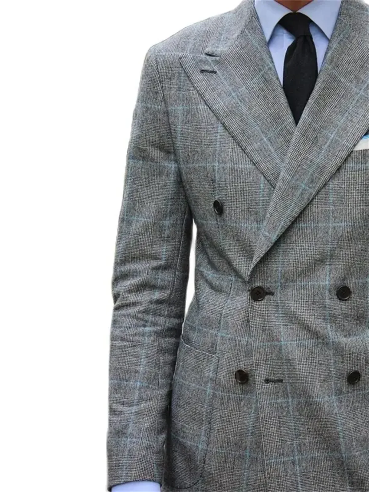 2 Piece Fashion Grey Plaid Suits Men‘’s Wedding Groom Tuxedo Business Blazer Slim Fit Daily Jacket Pants Costume Homme