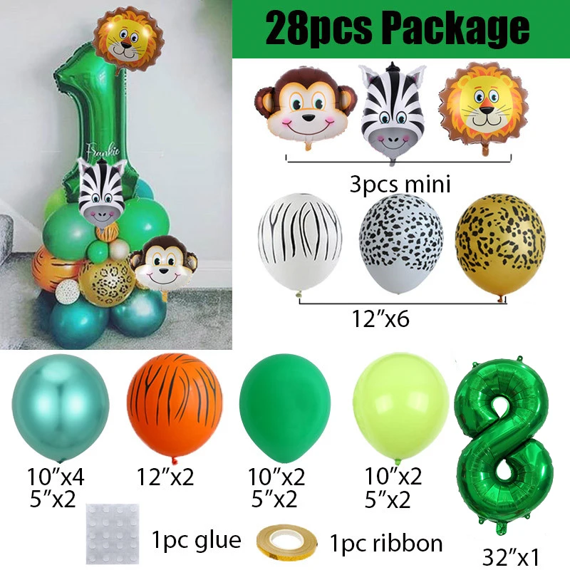 28/106 piezas de globos de animales de la jungla verde guirnalda arco 1 2 3 4 5 6 7 8 niños cumpleaños fiesta safari suministros regalos bebé ducha decoración