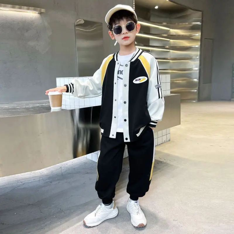 

Teen Boys' Causal Sets Two Pieces Baseball Jacket Single Breasted Cuffed Pants Loose 2023 Spring Autumn Fashion Korean 5-12 Yrs