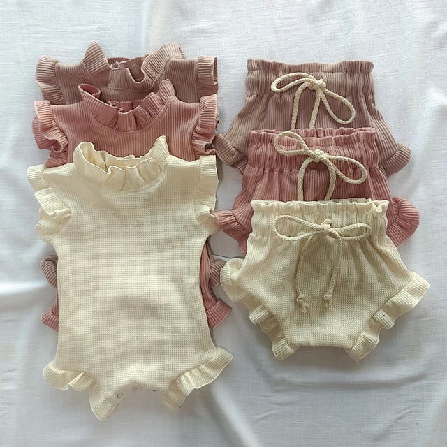 2Pcs Infant Baby Girl Clothes Set Waffle Cotton Ruffle Newborn Vest Romper Tops Bloomer Shorts Suit Baby Summer Outfits Clothing