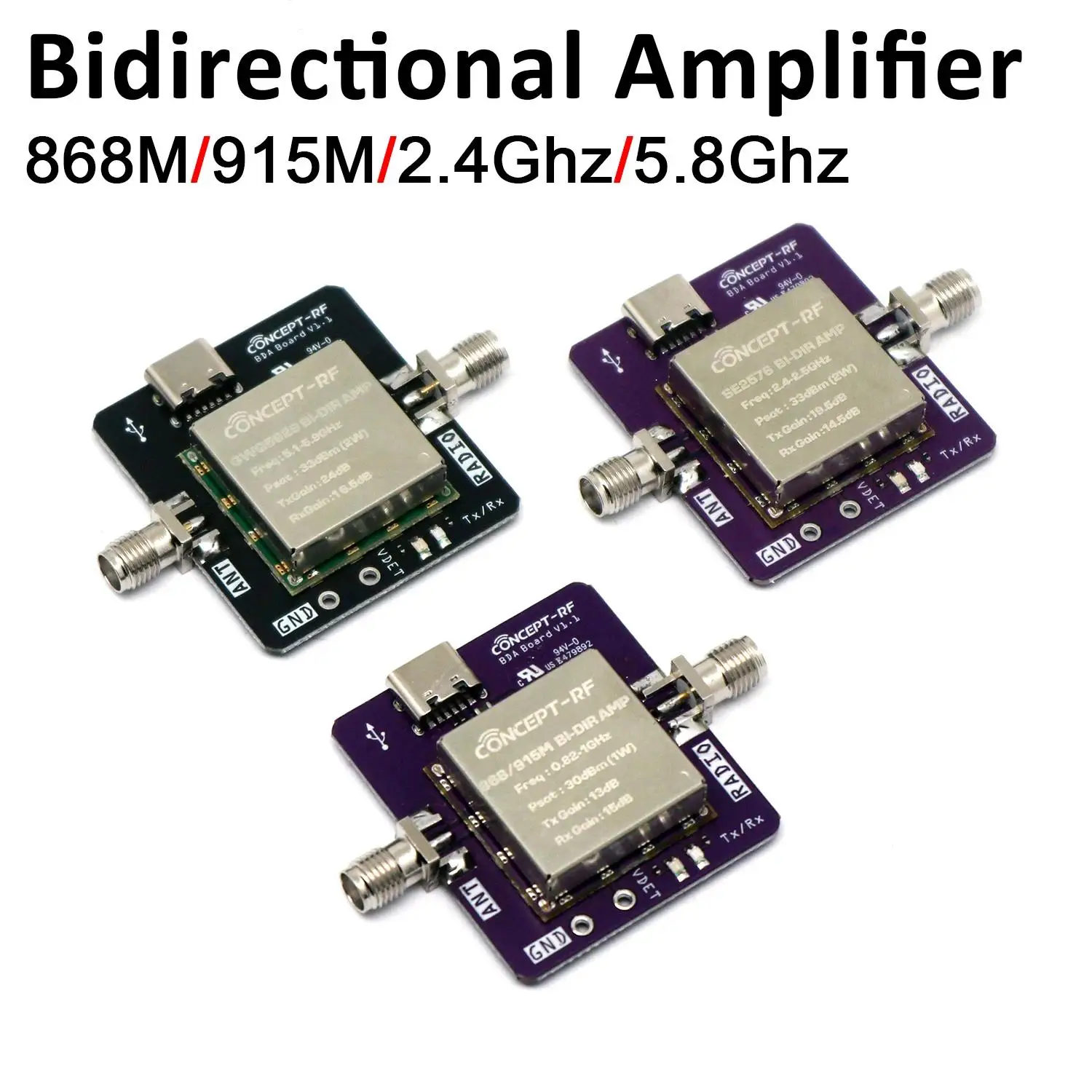 Boîtier métallique de l'amplificateur de puissance RF bidirectionnel 2W, avec dissipateur thermique et câbles d'antenne.
