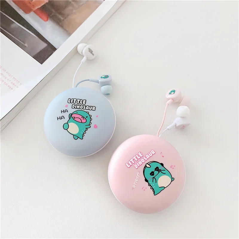 2022 New Cute Cartoon Dinosaur Headphone Stereo Wired Earphones With Storage Box Daughter Children Adult Earbuds For Gift