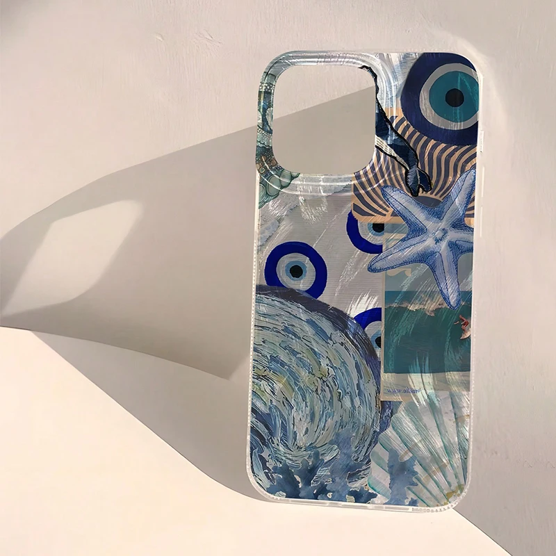 Seaside Scenery Wave Beach Pattern Phone Case with Feather Texture Cover