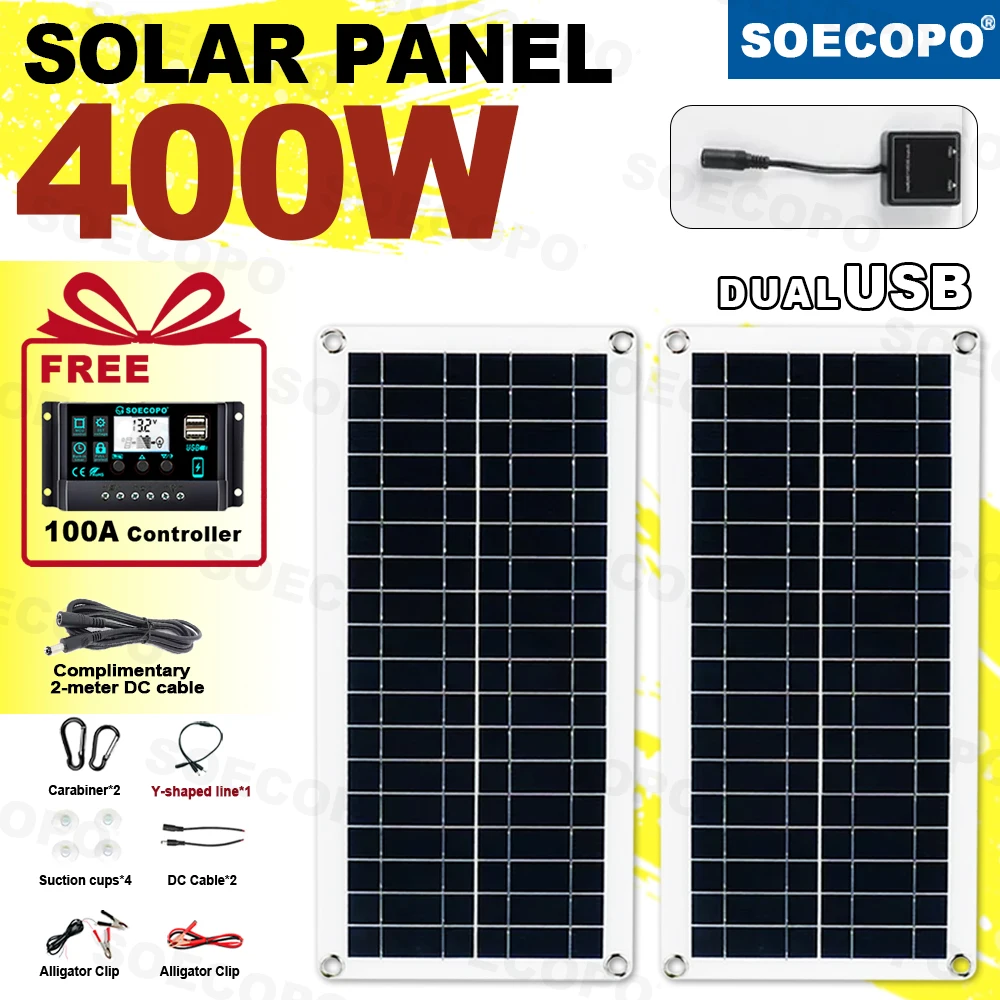 ชุดแผงโซลาร์เซลล์ SOECOPO 400W แบบพับได้ 2 แผง 18V สำหรับตั้งแคมป์ มาพร้อมคอนโทรลเลอร์ 100A ฟรี และพอร์ต USB 5V เพื่อการชาร์จที่ง่ายดาย 1