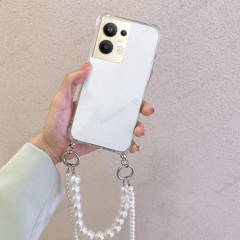 HD Transparent Wrist Strap Crossbody Lanyard Cover with Pearl Bracelet Soft Case