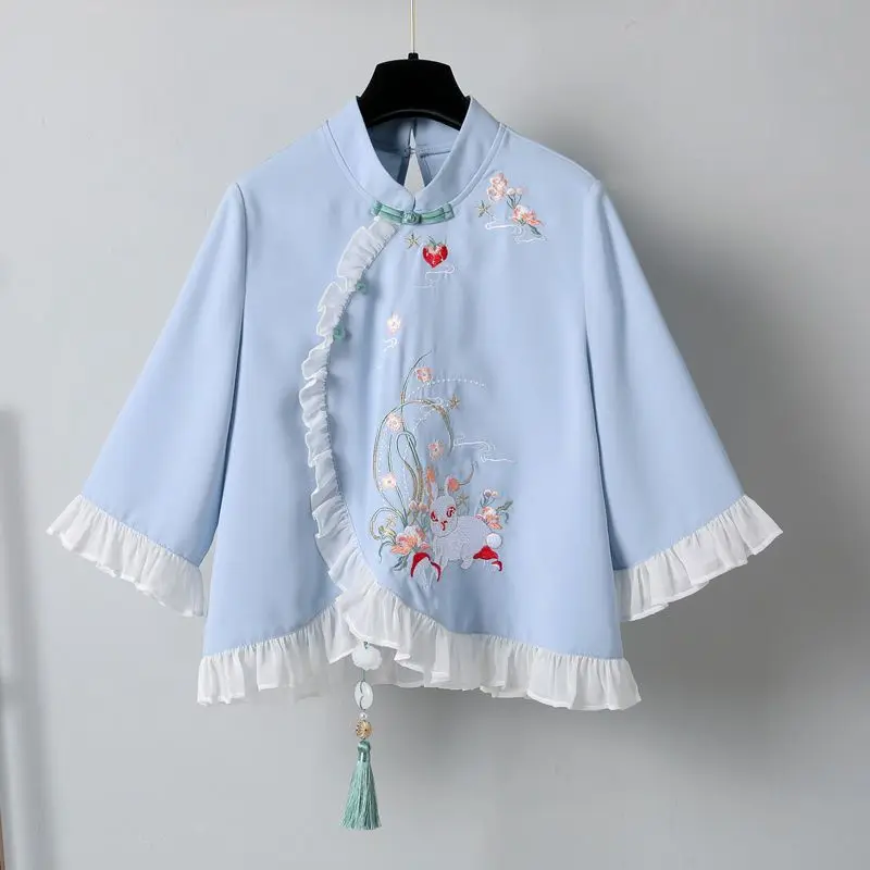 

Summer 2023 Traditional Chinese Hanfu Set Embroidery Flower Rabbit Modified Elegant Sweet Two-piece Women's Suit Clothing