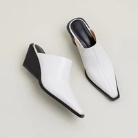 Brand New Ladies Genuine Leather Mules Fashion Med Chunky Heels Summer Wedges Slippers Women 2025 Casual Office Shoes Woman - Image 3