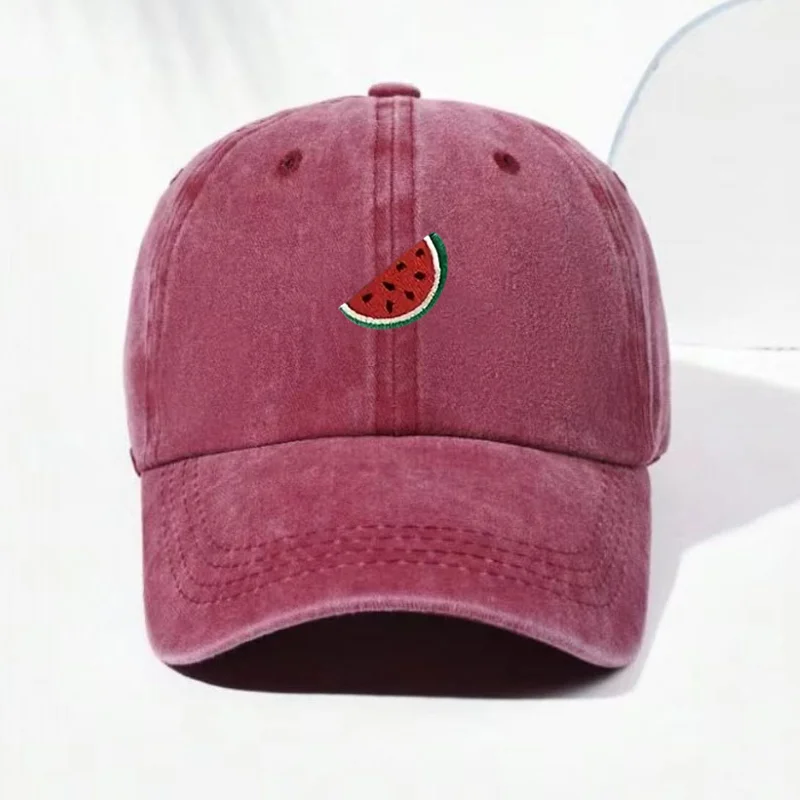 Passen Sie die Wassermelonen-Baseballkappe aus gewaschener Baumwolle im Vintage-Stil an, verstellbare Distressed-Trucker-Mütze für Männer und Frauen, Streetwear-Sonnenhut-Kappen – Detail 9