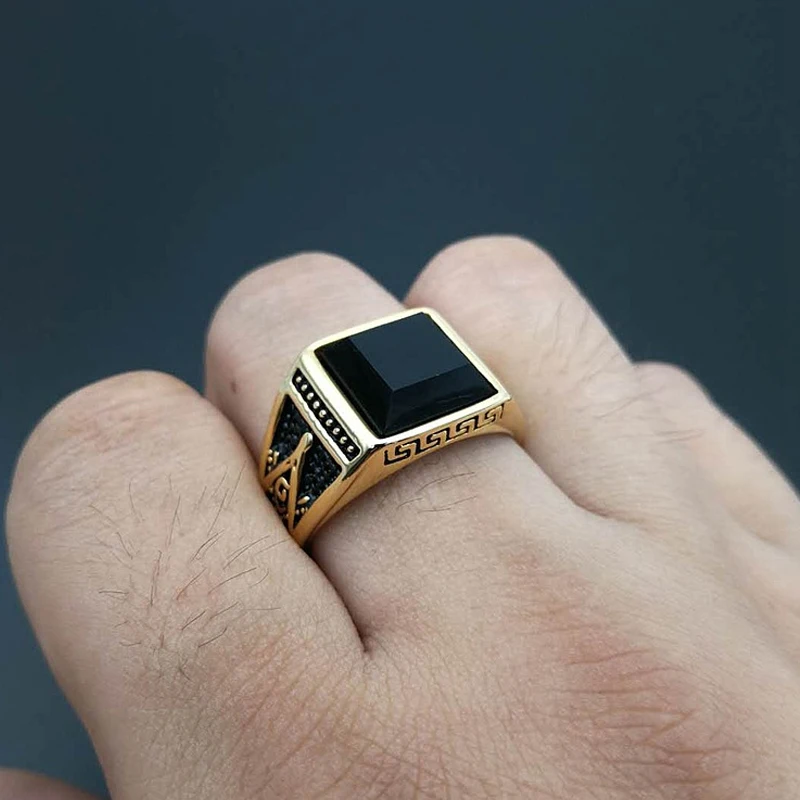 Punk Stone Ring for Men Women Biker High Quality Banquet Creative Square Letter G Stainless Steel Masonic Ring Jewelry Wholesale 2