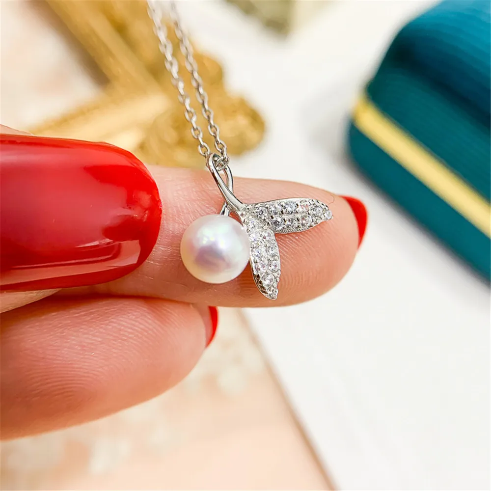 

DIY Pearl Accessories S925 Sterling Silver Pendant Empty Holder Fishtail Necklace Pendant with 5-7mm Round Flat Beads