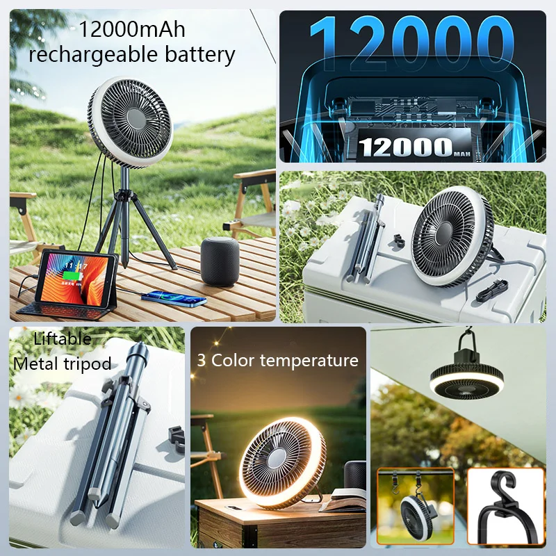스마트 앱 캠핑 선풍기 충전식 데스크탑 휴대용 무선 천장 선풍기, 보조베터리 LED 조명 삼각대 포함, 10000mAh