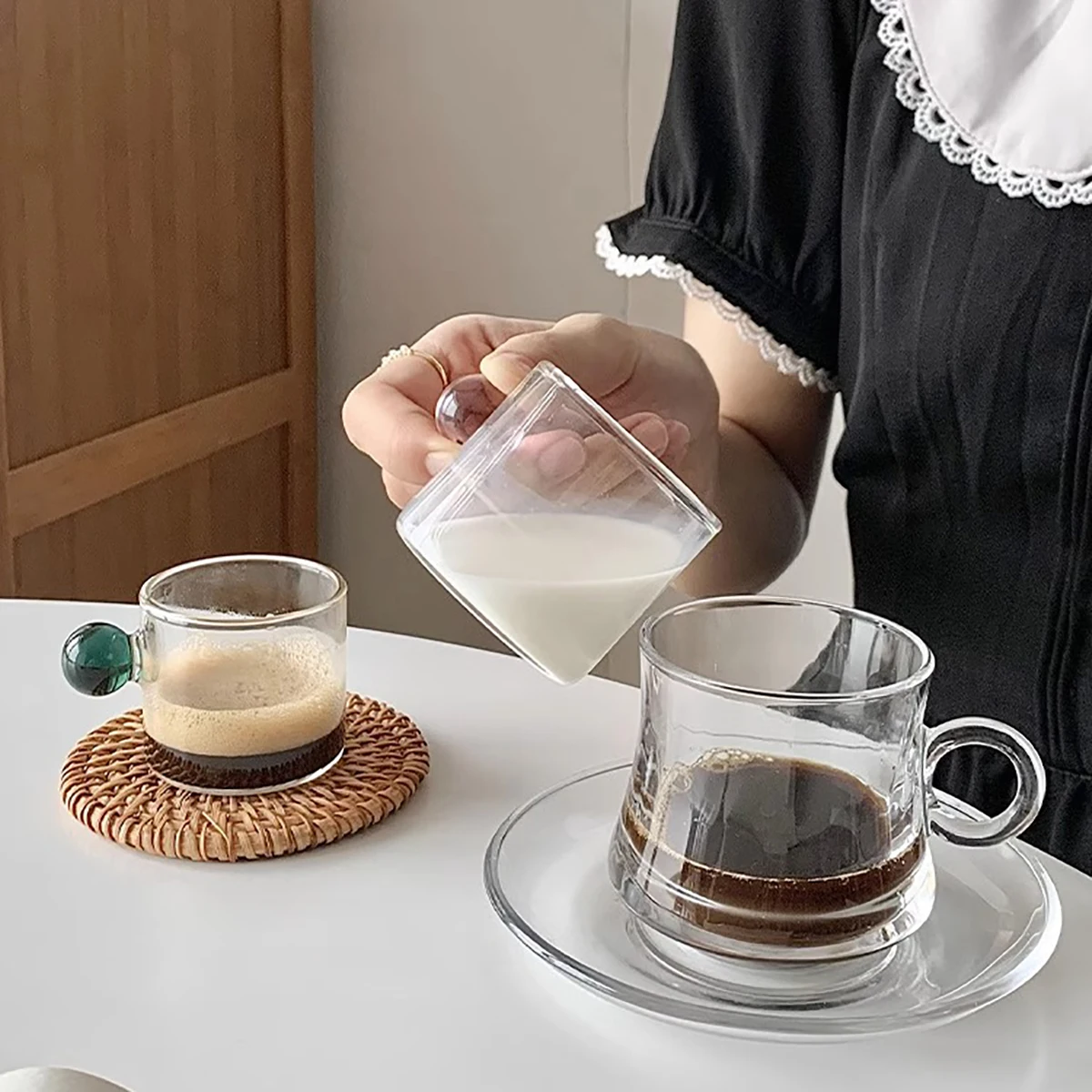 Description Picture 6 of item6pcs 100ml Espresso Cups Small Cups Home Glass Ball Handle Coffee Cup Tea Water Cup Saucer Steak Juice Bucket Table Decor