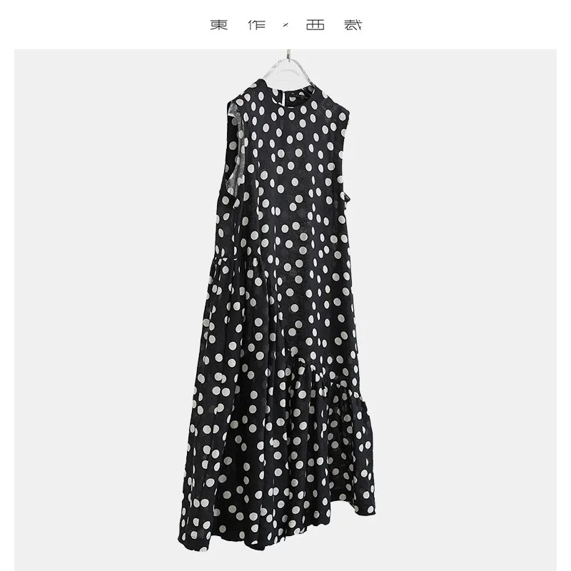 100% Linen Sleeveless Polka Dot Dress, Loose-Fitting and Slimming Long Dress 2