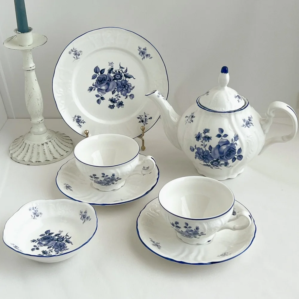 

Ink Blue Flower Tea Cup Saucer, Dessert Plates, Soup Bowl, Porcelain Tea Set, Coffee Set, Teaware, Coffeeware