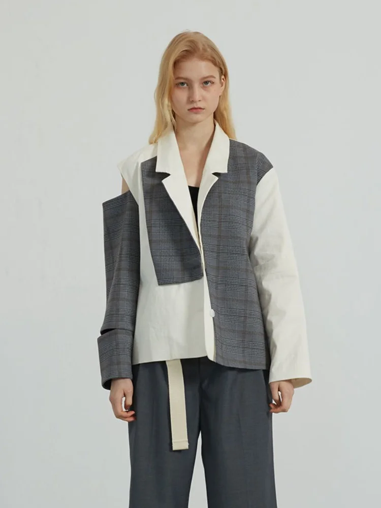 

Модный женский Блейзер, новый пиджак свободного покроя на одной пуговице, в клетку, в стиле пэчворк, с длинным рукавом, женский осенний пиджак O315