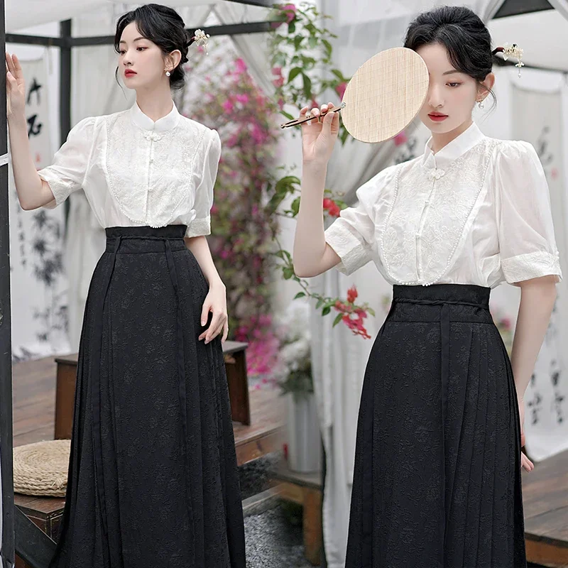 

Fashion Hanfu Woman Ming Dynasty Horse Face Skirt Chinese Traditional Hanfu Costume Stand Collar Vintage Pleats Skirt Black