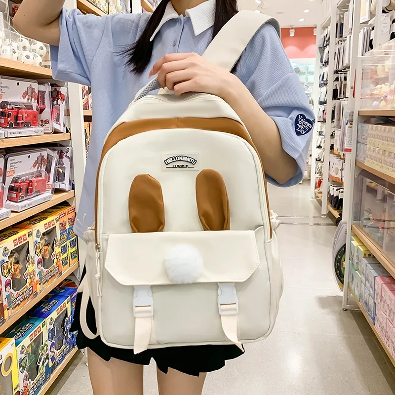 

Bookbag Women's 2023 New Cute Rabbit Ears Solid Casual Backpack Campus Style Students Bookbag