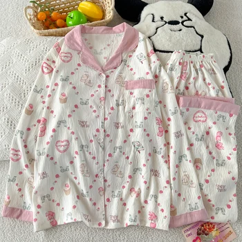 HelloKitty الحلو لطيف Harajuku نمط المرأة منامة الكرتون طباعة Kawaii موضة 2 قطعة مجموعة ملابس خاصة الخريف الشتاء ملابس منزلية جديدة 6