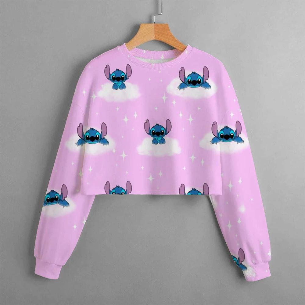 2024 New Girls' Sweatshirt Disney Lilo&Stitch Pattern 3D Printed Cartoon Print Casual Wear Short Pullover Long Sleeve Top