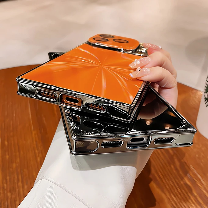 Luxury Plating CD Texture Square Armor Phone Case with Crystal Lens Glass and Shockproof Cover