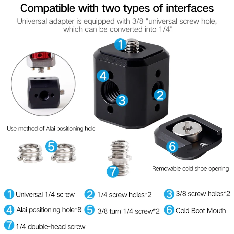 XILETU XDS-12 삼각대 나사 구멍 변환 시트, 1/4 3/8 Alai 포지셔닝 구멍 헤드, 다기능 확장 액세서리
