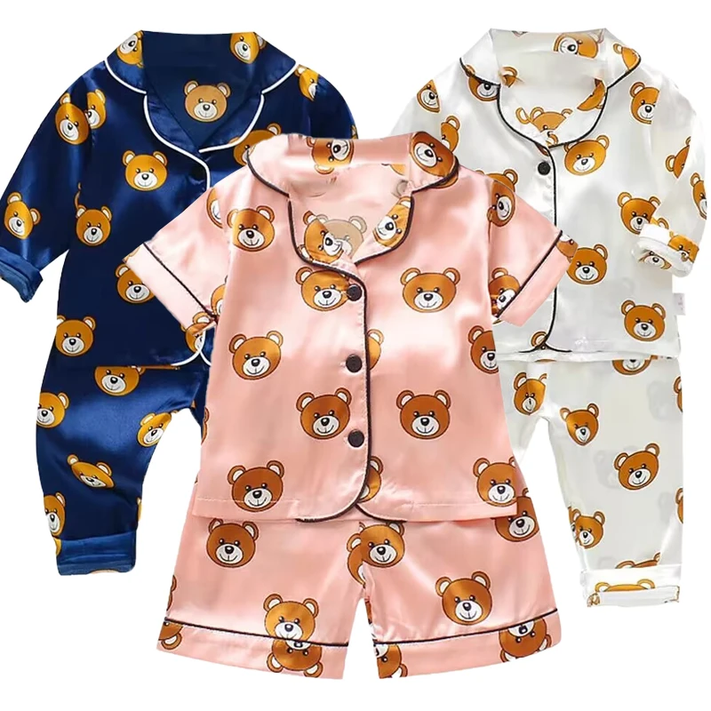 kids pajamas set kids pajamas pajama sets kids clothing set Children's Pajama Set Cartoon Little Bear Girl Ice Silk Satin Top and Pants Set Boys' Pajamas Spring/Summer Baby