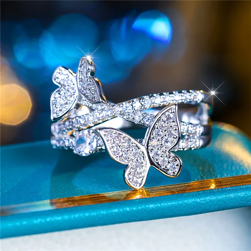 Women's Butterfly Ring - 925 Sterling Silver With Aquamarine Stone & Rhinestones, Sizes 6-10 - View #5