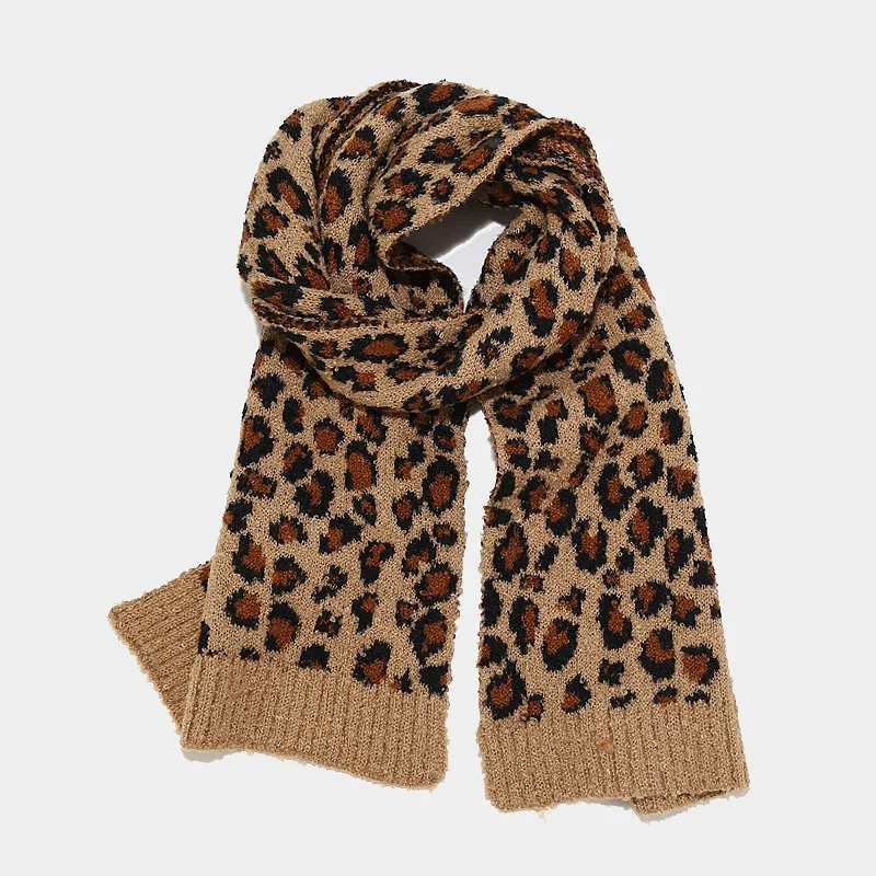 Knitted Hat Set Scarf Gloves Three Piece Set for Women Leopard Print Outdoor