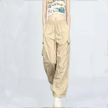 Plus Size Women Work Pants Women Summer Thin Design Large Pockets High Waist Loose Fit Slimming Straight Leg Versatile Leg Tied