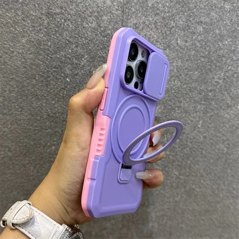 Luxury Metal Phone Case with 360° Built-in Bracket and Sliding Camera Protection