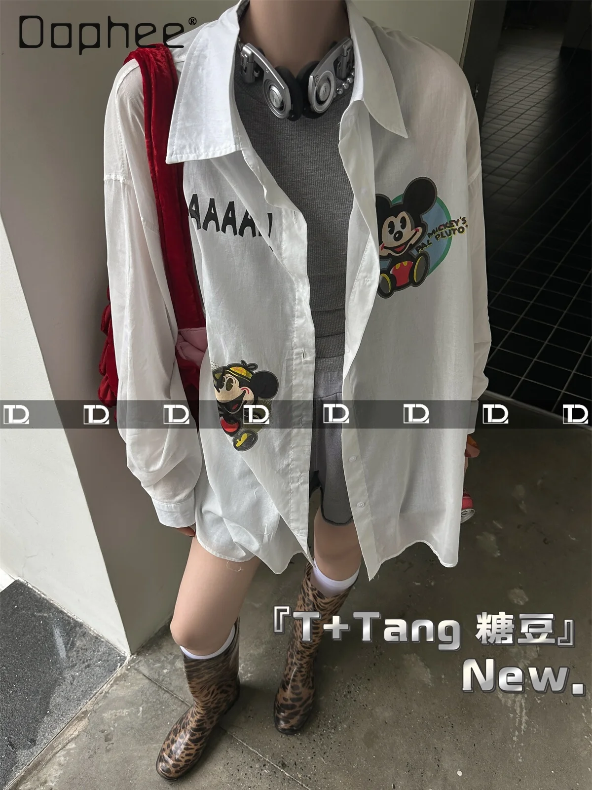 Oversized Long Sleeve White Shirt Spring Summer New Korean Style Loose Cartoon Printed Loose Front Short Back Long Women Shirt