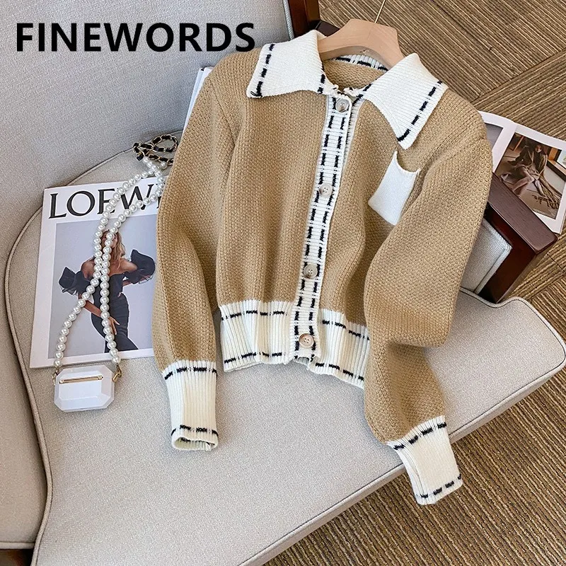 

FINEWORDS Long Sleeve Cropped Cardigan Elegant Ladies Korean Winter Cardigans Streetwear Vintage Knitted Sweater
