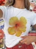 Women T-shirt Crew Neck Short Sleeve Flower Print Fit Summer Tops for Casual Daily 3